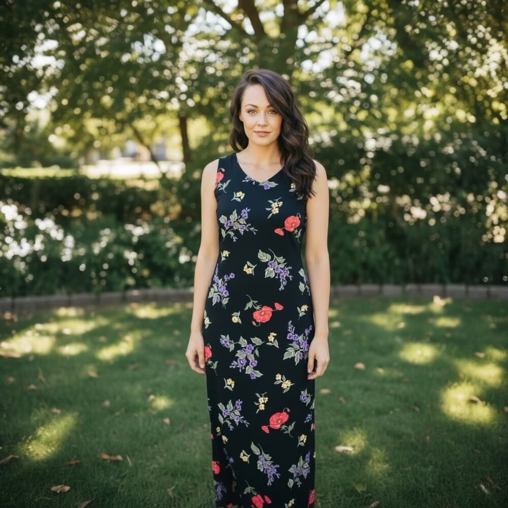 Nina Piccalino Black Floral Sheath Midi Dress Women's Small